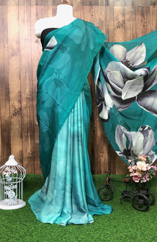 Sea green Crepe Satin Saree Fabric Floral Print Fabric, Wedding Dress fabric, Fashion Fabric, Party Fabric, Occasion Wear - SR01