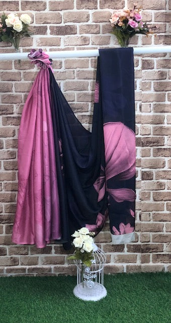 Pink and Black Crepe Satin Saree Fabric Floral Print Fabric, Wedding fabric, Fashion Fabric, Party Fabric, Occasion Wear - SR02