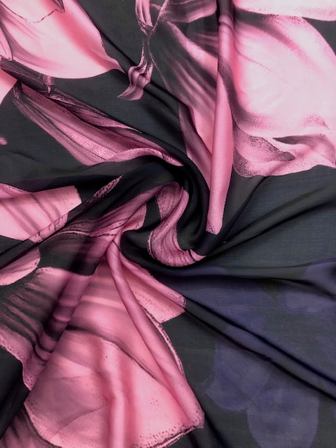 Pink and Black Crepe Satin Saree Fabric Floral Print Fabric, Wedding fabric, Fashion Fabric, Party Fabric, Occasion Wear - SR02