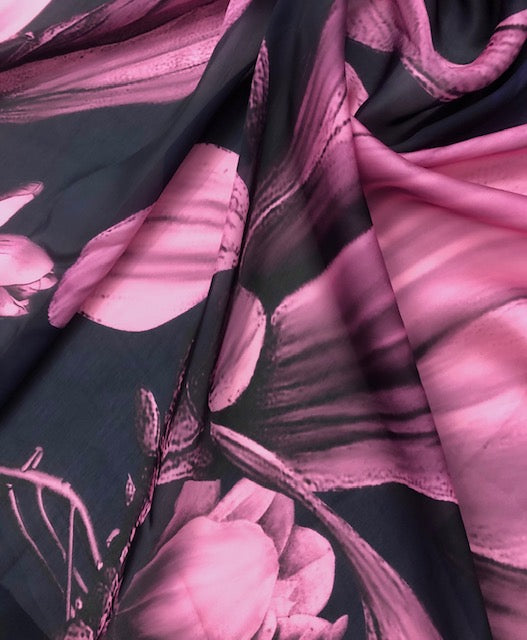 Pink and Black Crepe Satin Saree Fabric Floral Print Fabric, Wedding fabric, Fashion Fabric, Party Fabric, Occasion Wear - SR02