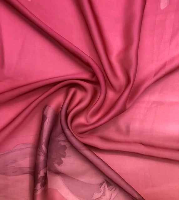 Crepe Satin Saree Floral Print Fabric in Coral and peach color, Wedding Dress fabric, Fashion Fabric, Party Fabric, Occasion Wear - SR05