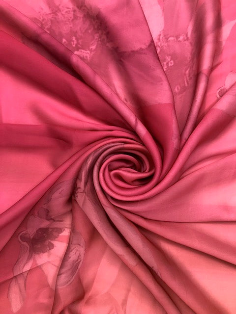 Crepe Satin Saree Floral Print Fabric in Coral and peach color, Wedding Dress fabric, Fashion Fabric, Party Fabric, Occasion Wear - SR05