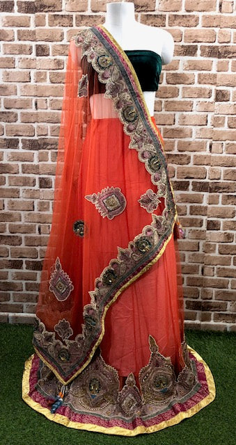 Embroidered tulle Lehnga saree fabric in orange color, Wedding Dress fabric, Fashion Fabric, Party Fabric, Occasion Wear - SR08