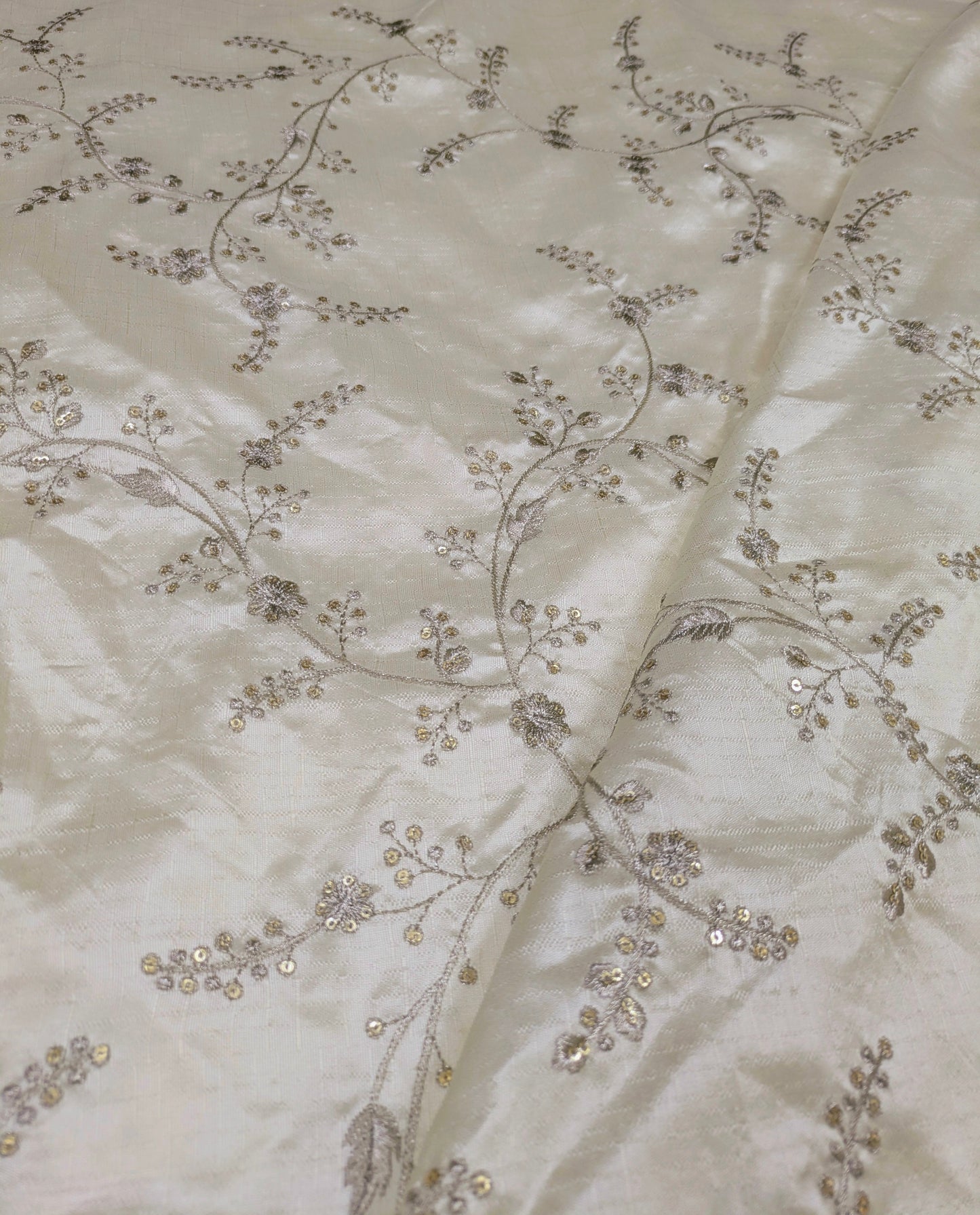 Embroidered fabric, Off White and Silver Gold floral design fabric, Luxury fabric, Embroidery design, Handmade, Bridesmaid dress, Thread embroidery - NFAF105