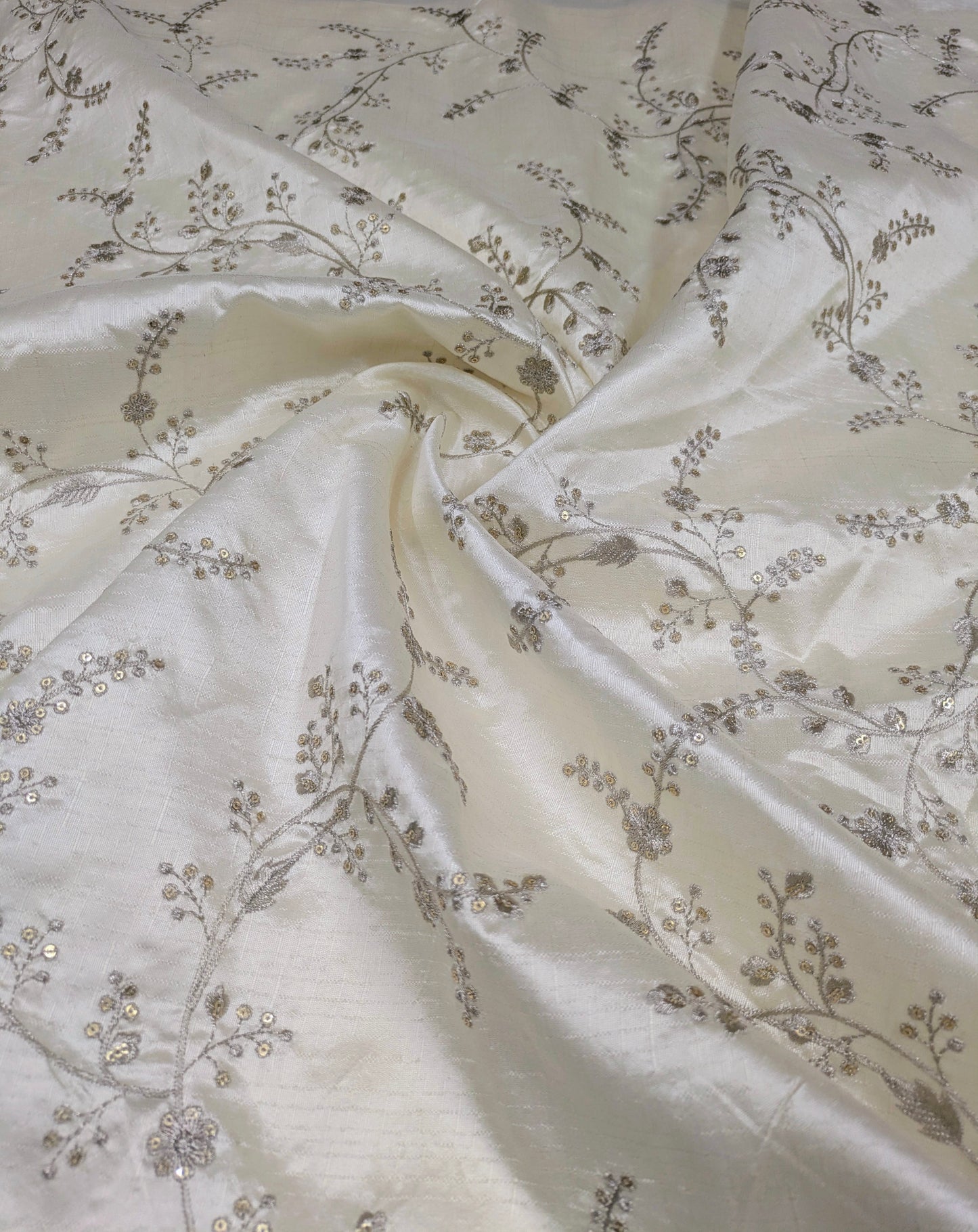 Embroidered fabric, Off White and Silver Gold floral design fabric, Luxury fabric, Embroidery design, Handmade, Bridesmaid dress, Thread embroidery - NFAF105