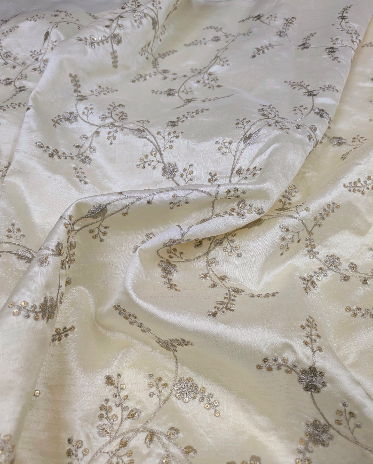 Embroidered fabric, Off White and Silver Gold floral design fabric, Luxury fabric, Embroidery design, Handmade, Bridesmaid dress, Thread embroidery - NFAF105