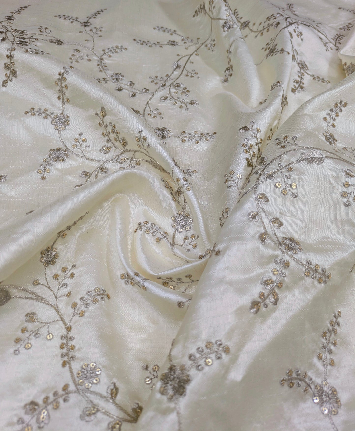 Embroidered fabric, Off White and Silver Gold floral design fabric, Luxury fabric, Embroidery design, Handmade, Bridesmaid dress, Thread embroidery - NFAF105