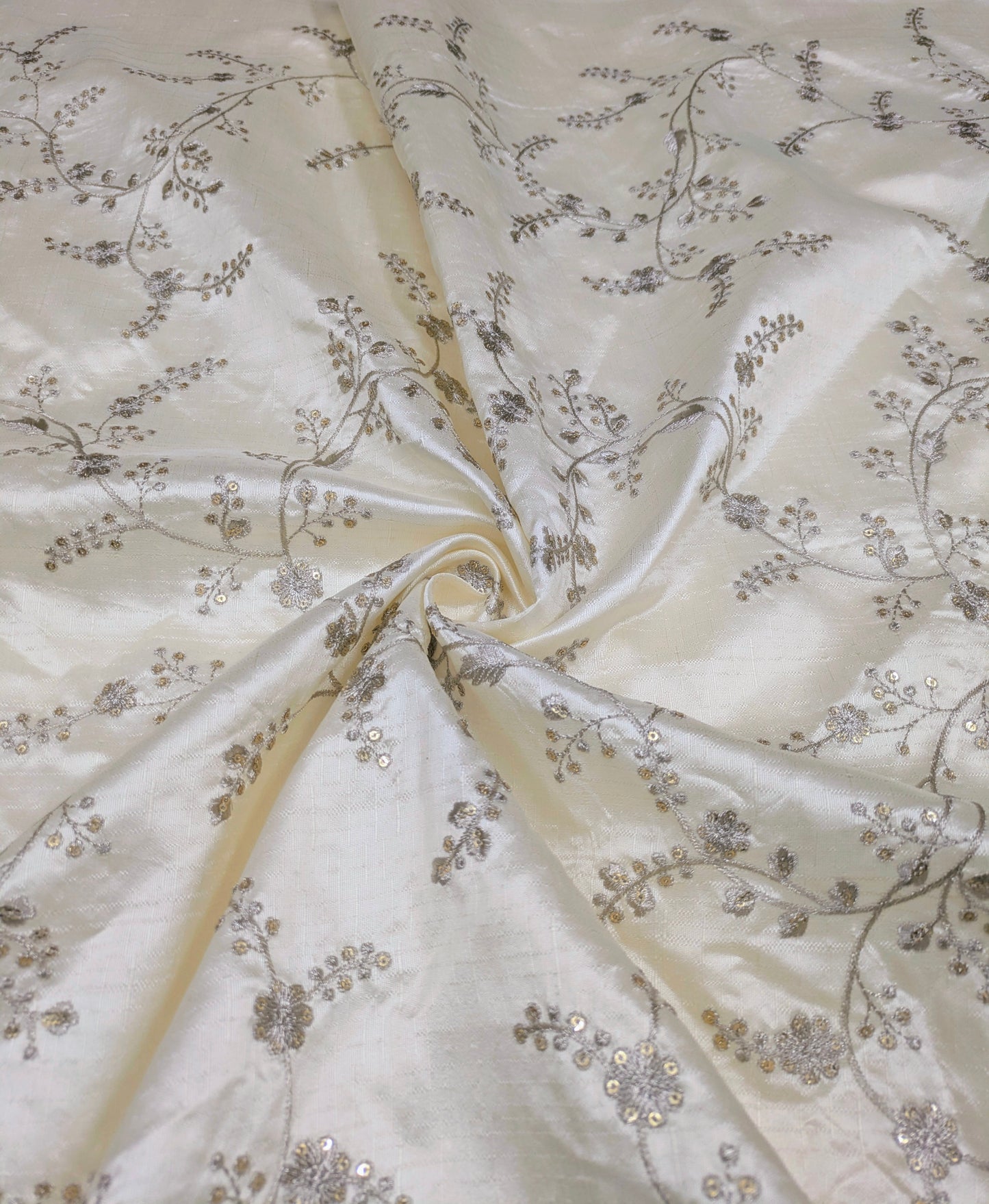 Embroidered fabric, Off White and Silver Gold floral design fabric, Luxury fabric, Embroidery design, Handmade, Bridesmaid dress, Thread embroidery - NFAF105