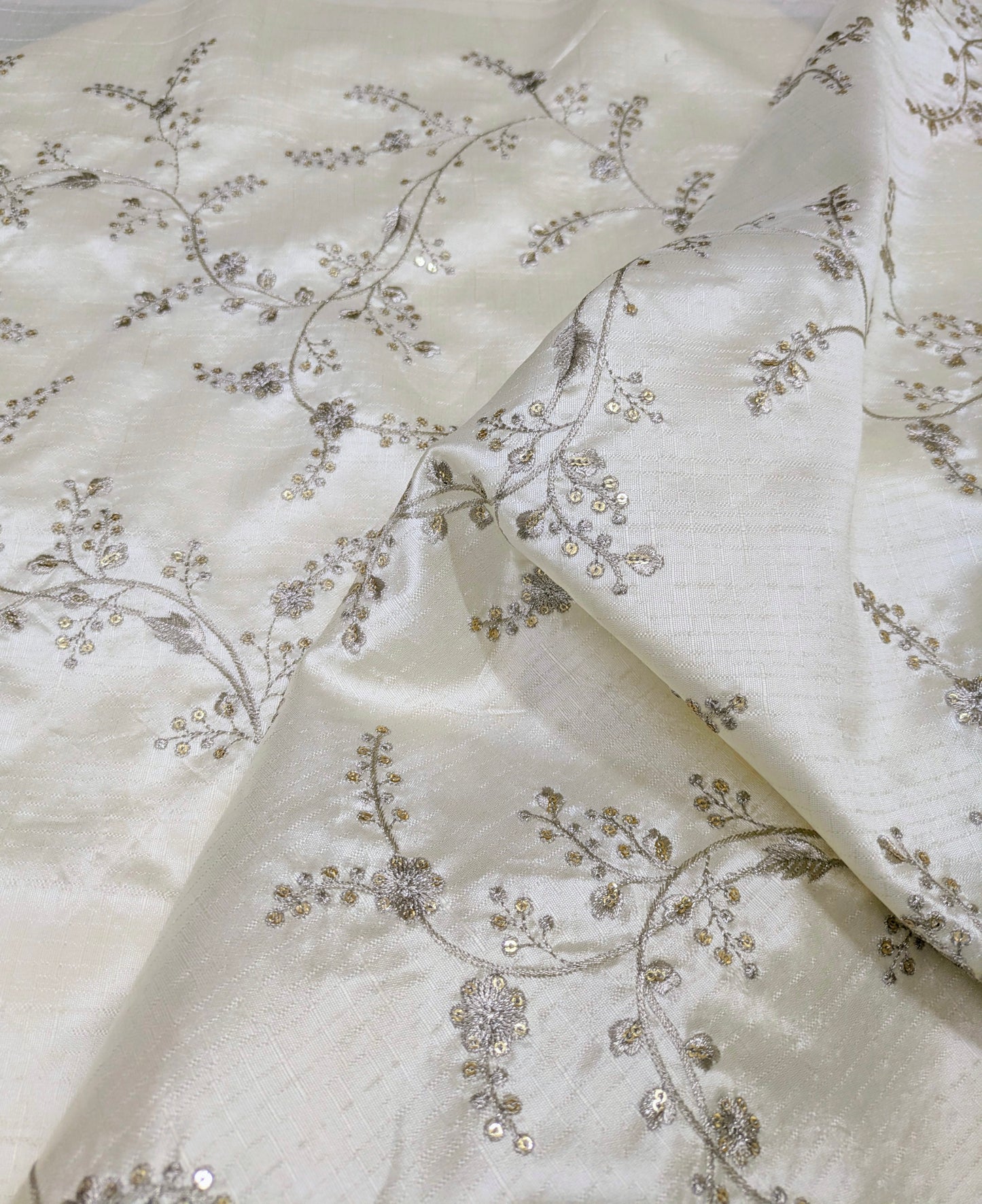 Embroidered fabric, Off White and Silver Gold floral design fabric, Luxury fabric, Embroidery design, Handmade, Bridesmaid dress, Thread embroidery - NFAF105