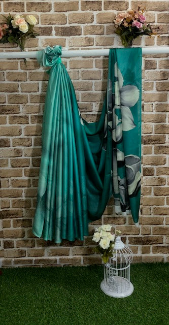 Sea green Crepe Satin Saree Fabric Floral Print Fabric, Wedding Dress fabric, Fashion Fabric, Party Fabric, Occasion Wear - SR01