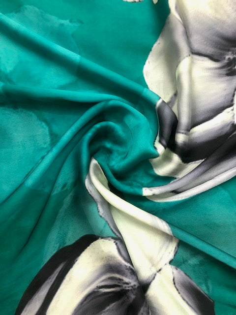 Sea green Crepe Satin Saree Fabric Floral Print Fabric, Wedding Dress fabric, Fashion Fabric, Party Fabric, Occasion Wear - SR01