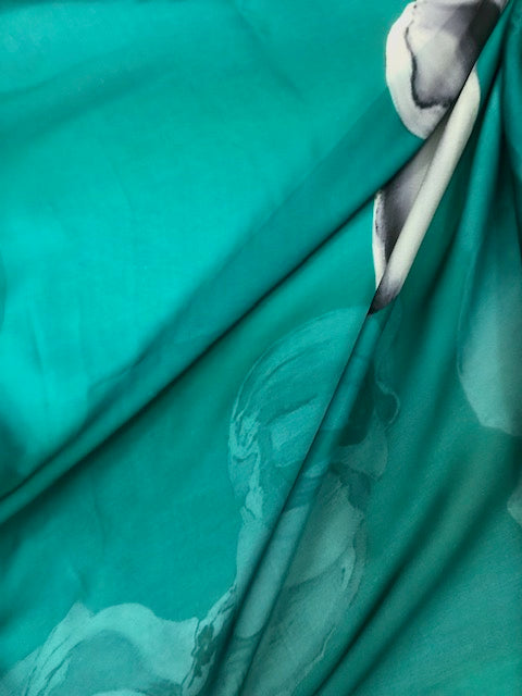 Sea green Crepe Satin Saree Fabric Floral Print Fabric, Wedding Dress fabric, Fashion Fabric, Party Fabric, Occasion Wear - SR01