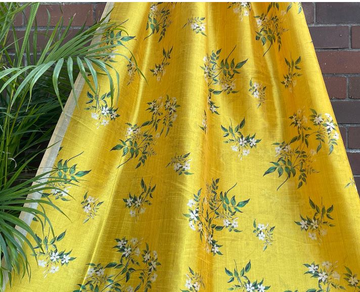 Printed Viscose Tussar Silk fabric in Yellow color, Multiple lengths will come in the continuous piece - NF809