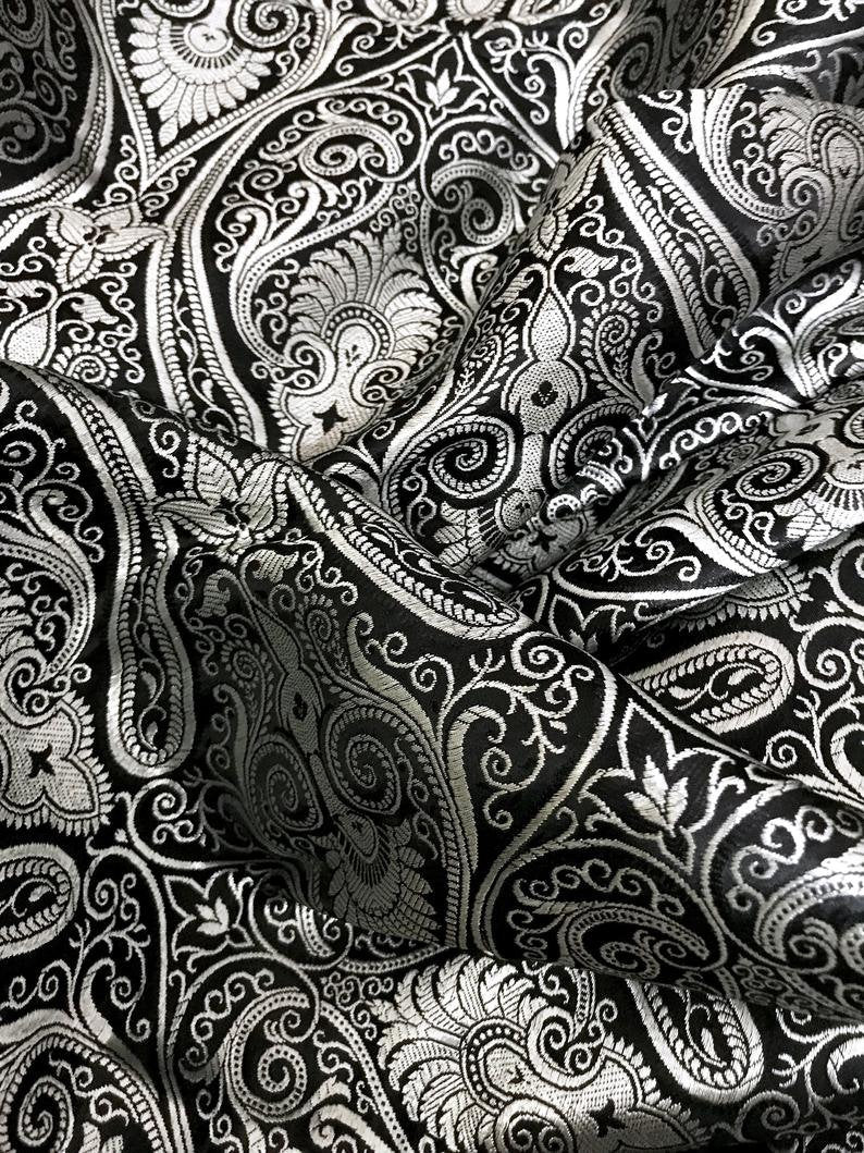Indian Brocade Fabric Black Silver Jacquard fabric Luxury Apparel Fabric Wedding Dress fabric Craft Fabric by the yard/meter - NFAF103