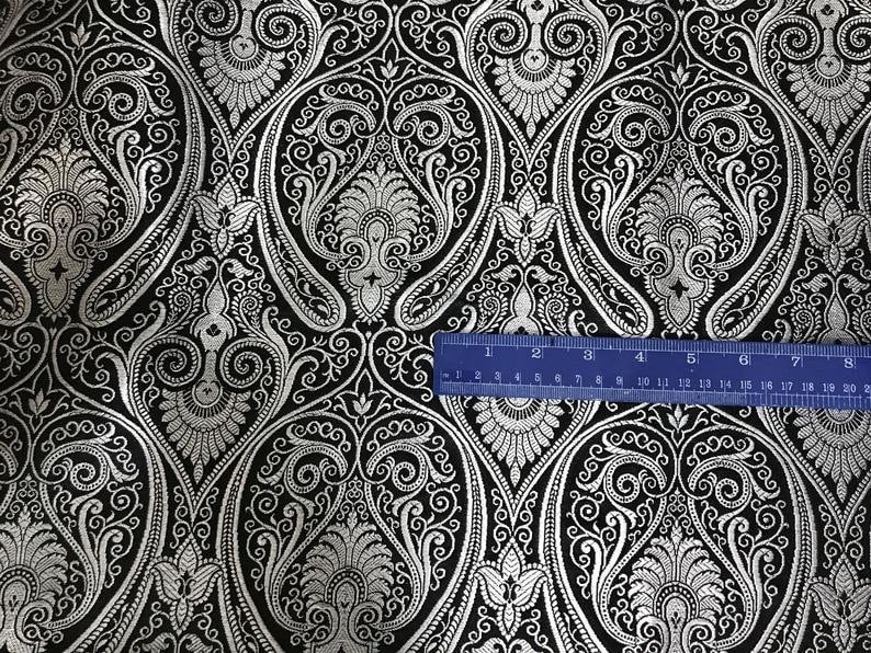 Indian Brocade Fabric Black Silver Jacquard fabric Luxury Apparel Fabric Wedding Dress fabric Craft Fabric by the yard/meter - NFAF103