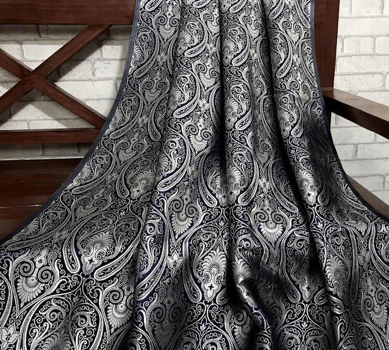 Indian Banarasi Brocade Fabric in Navy Blue and Silver color, Multiple lengths will come in the continuous Piece - NF201