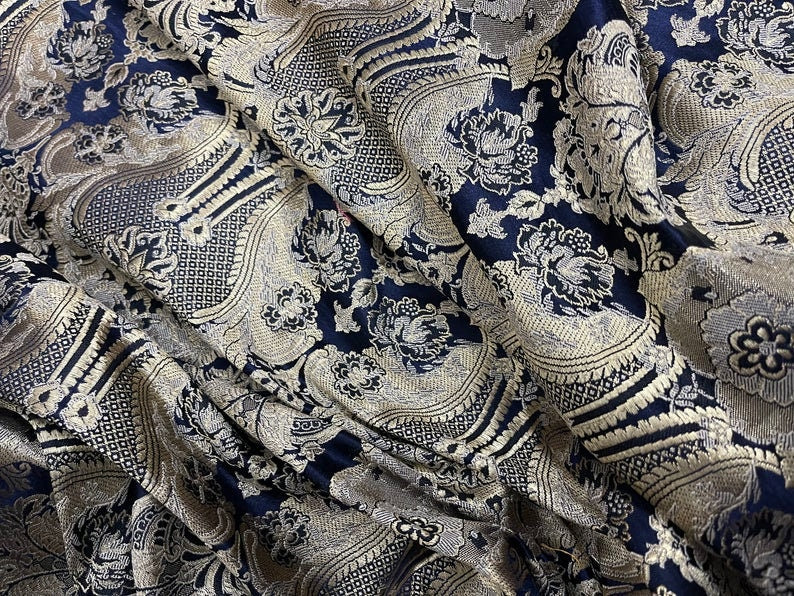 Indian Brocade fabric, Navy Blue And Gold Bridal Brocade Fabric, Wedding Indian brocade, Brocade fabric by the yard/Meter- NFAF62