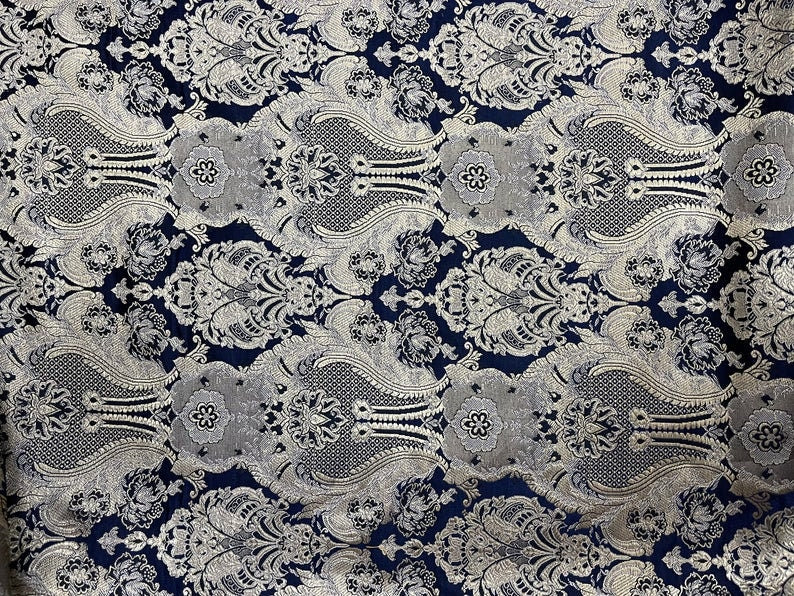Indian Brocade fabric, Navy Blue And Gold Bridal Brocade Fabric, Wedding Indian brocade, Brocade fabric by the yard/Meter- NFAF62