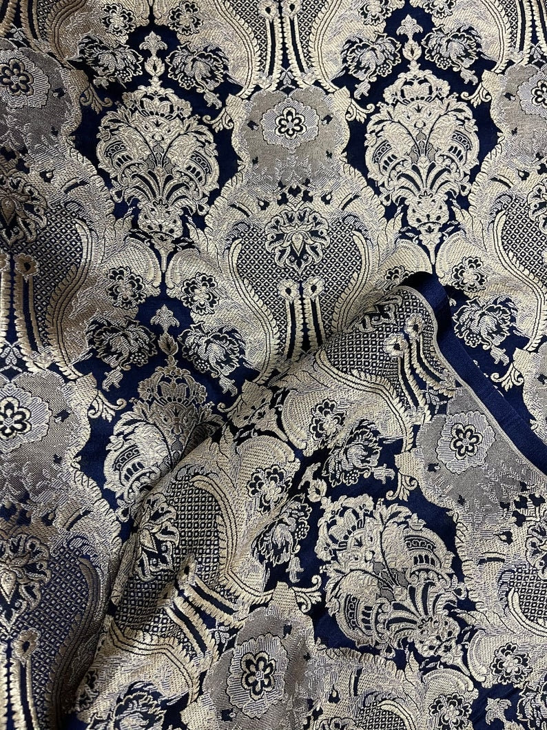Indian Brocade fabric, Navy Blue And Gold Bridal Brocade Fabric, Wedding Indian brocade, Brocade fabric by the yard/Meter- NFAF62
