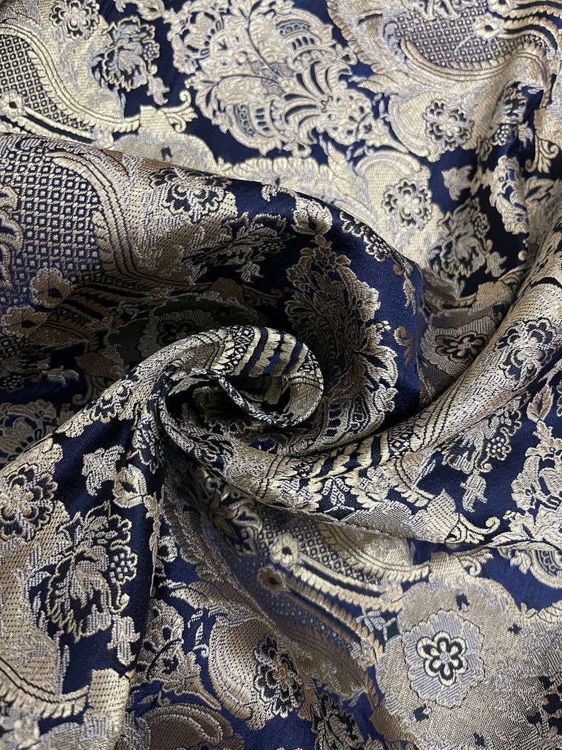 Indian Brocade fabric, Navy Blue And Gold Bridal Brocade Fabric, Wedding Indian brocade, Brocade fabric by the yard/Meter- NFAF62