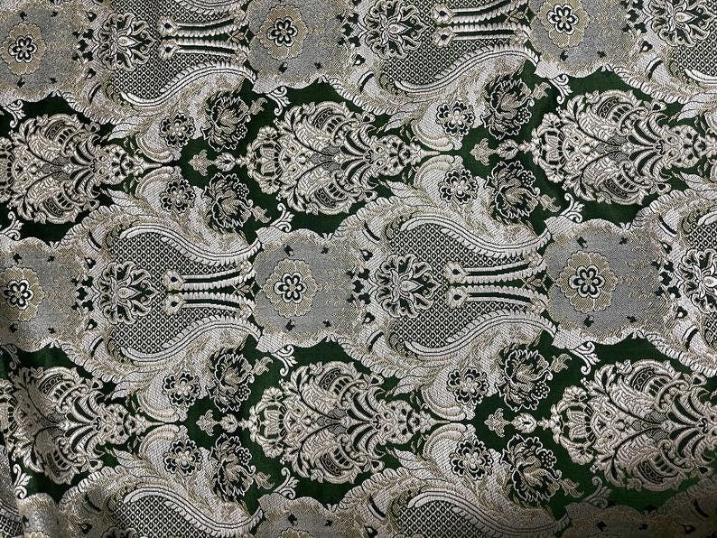 Indian Banarasi Brocade Fabric in Dark Green Silver and Gold color, Multiple lengths will come in the continuous piece - NF45