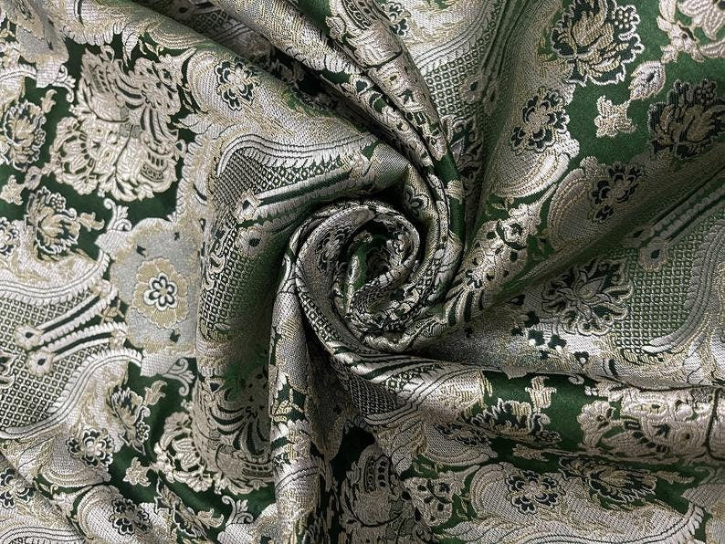 Indian Banarasi Brocade Fabric in Dark Green Silver and Gold color, Multiple lengths will come in the continuous piece - NF45