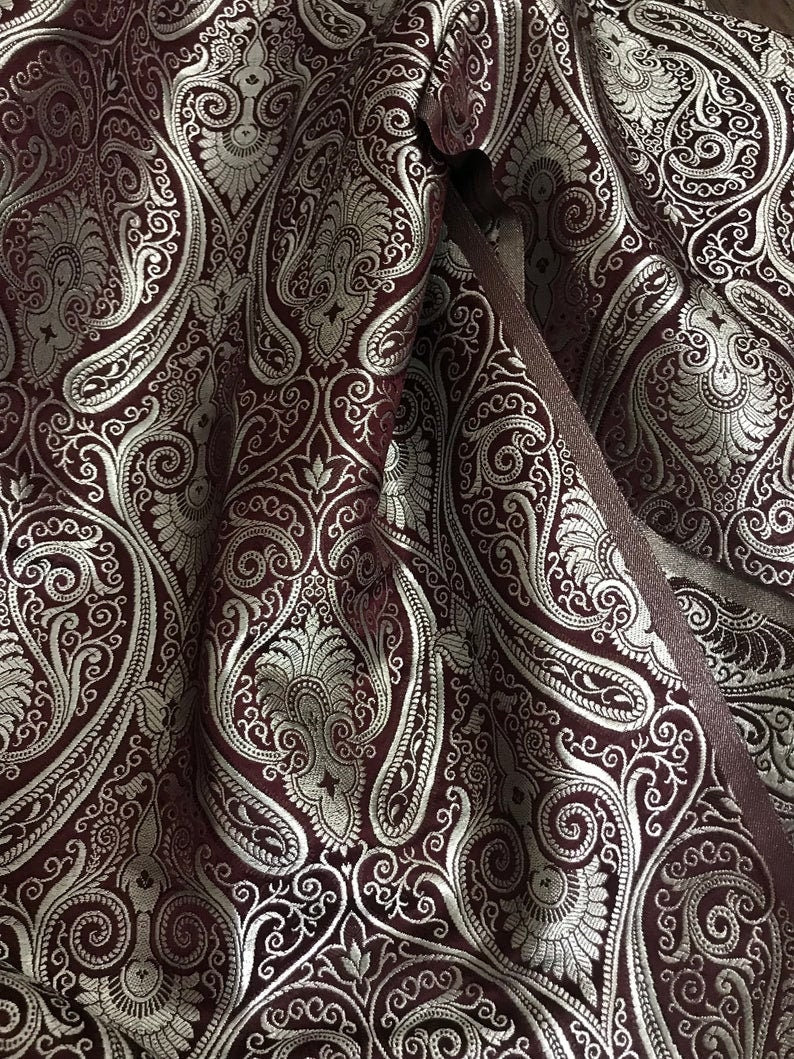 Indian Banarasi Brocade Fabric in Maroon Burgundy and Silver color, Multiple Length will come in a continuous piece - NF40