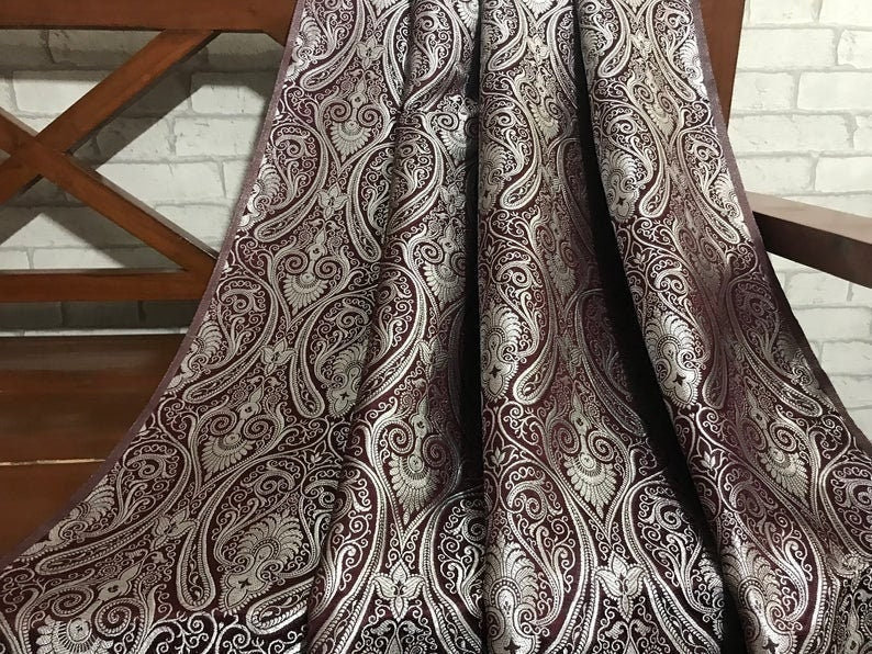 Indian Banarasi Brocade Fabric in Maroon Burgundy and Silver color, Multiple Length will come in a continuous piece - NF40