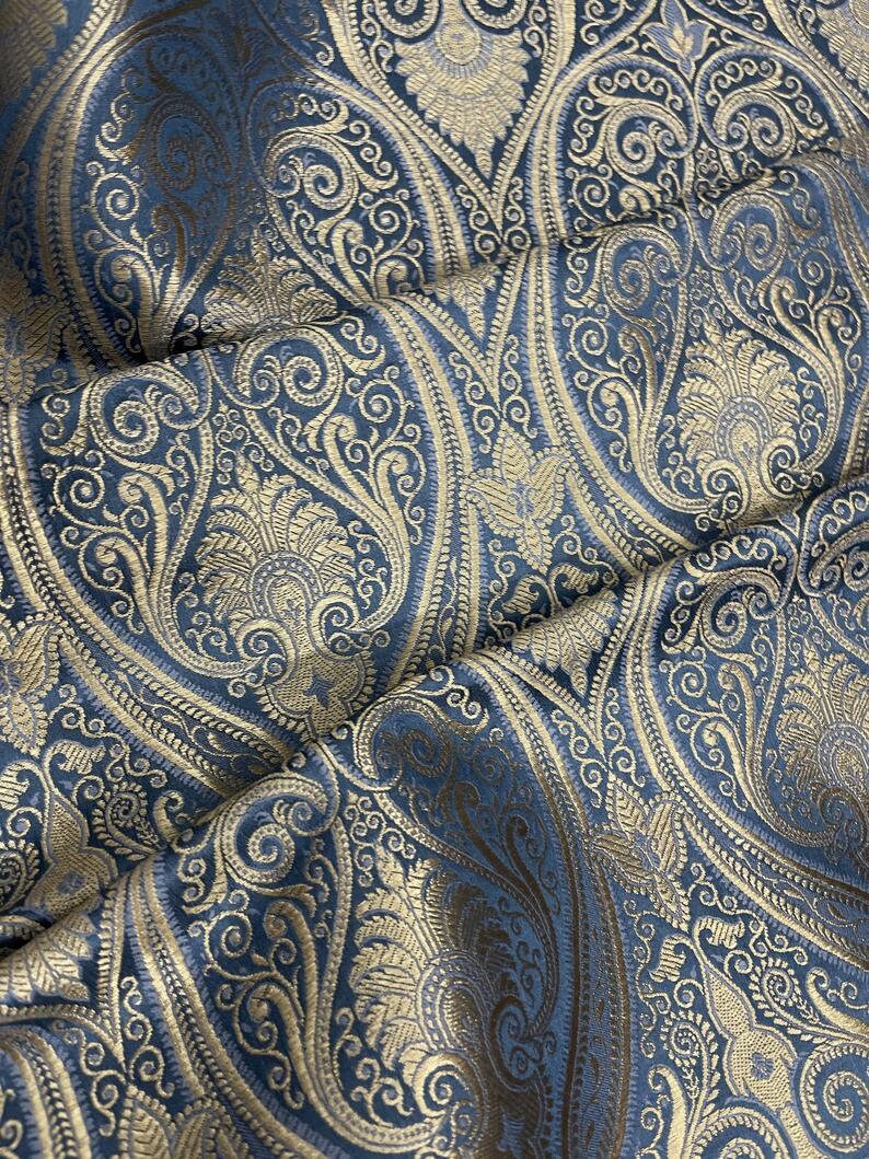 Indian Brocade Fabric, Gray and Gold Fabric, Wedding Dress Fabric, Multiple lengths will come in the continuous piece - NF180