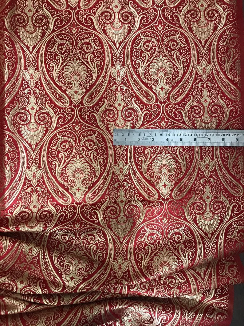 Indian Banarasi Brocade Fabric in Red and gold color, Multiple lengths will come in the continuous piece - NF319