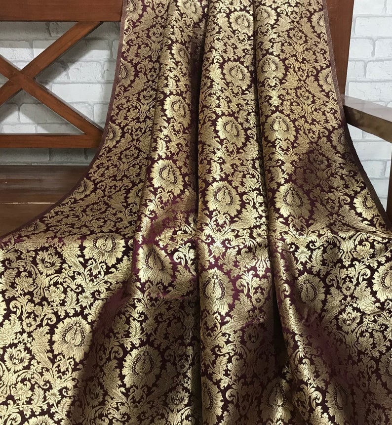 Indian Banarasi Brocade Fabric in Burgundy Maroon and gold color  , Multiple lengths will come in the continuous Piece - NF09