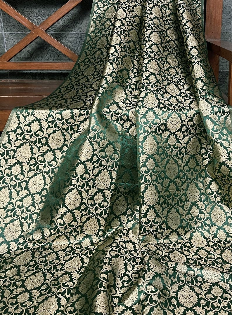 Indian Banarasi Brocade Fabric in Green and Gold color, Multiple lengths will come in a continuous piece - NF794