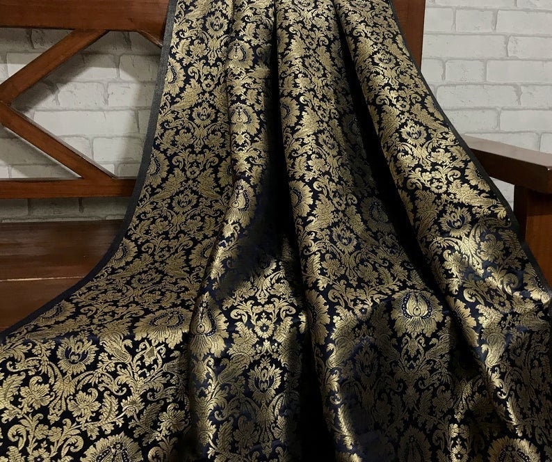 India Banarasi Brocade Fabric in Navy Blue and Gold color, Multiple lengths will come in the continuous piece - NF06