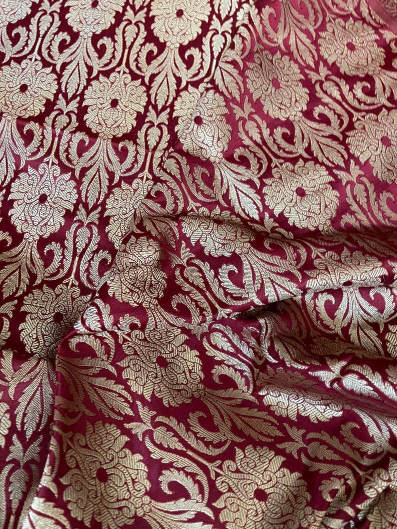 Indian Banarasi Brocade Fabric in Red and Gold color, Multiple lengths will come in the continuous piece - NF351