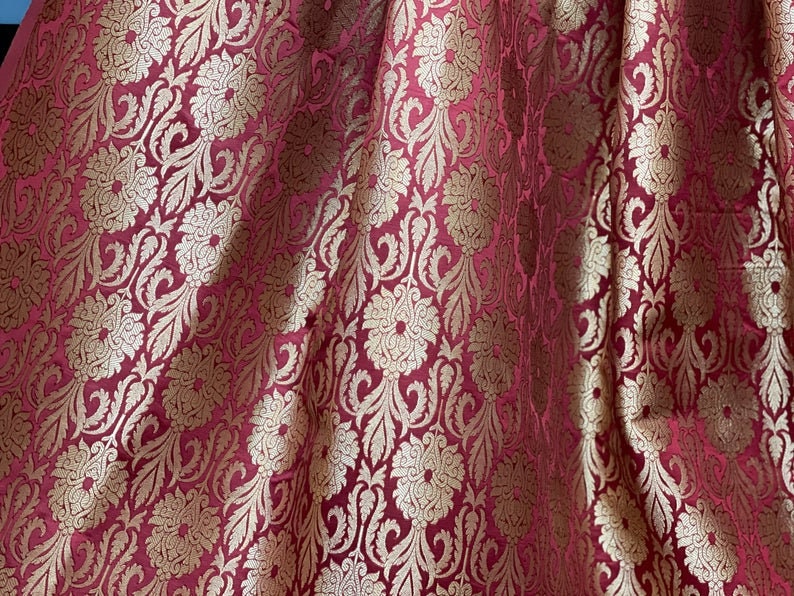 Indian Banarasi Brocade Fabric in Red and Gold color, Multiple lengths will come in the continuous piece - NF351