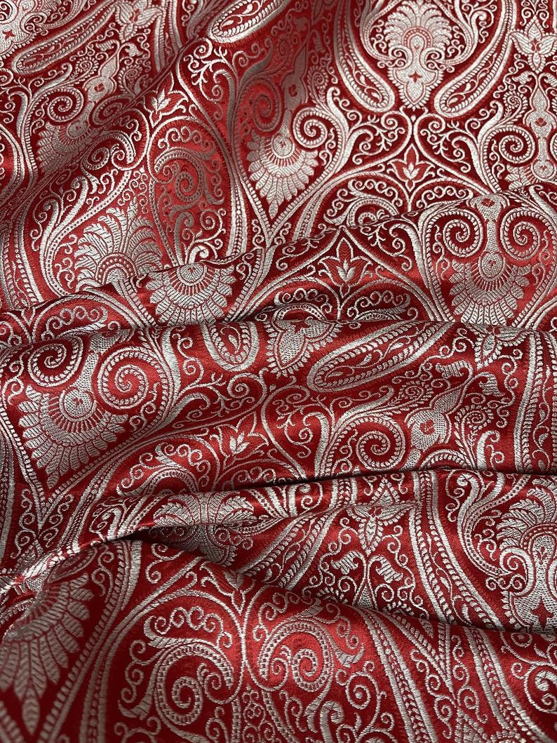 Indian Banarasi Brocade Fabric in Red and Silver color, Multiple lengths will come in the continuous piece - NF399