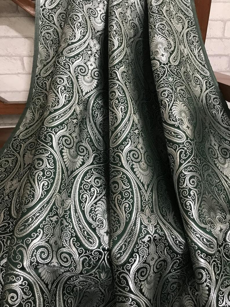 Indian Banarasi Brocade fabric in Green & Silver color, Multiple lengths will come in the continuous piece - NF132