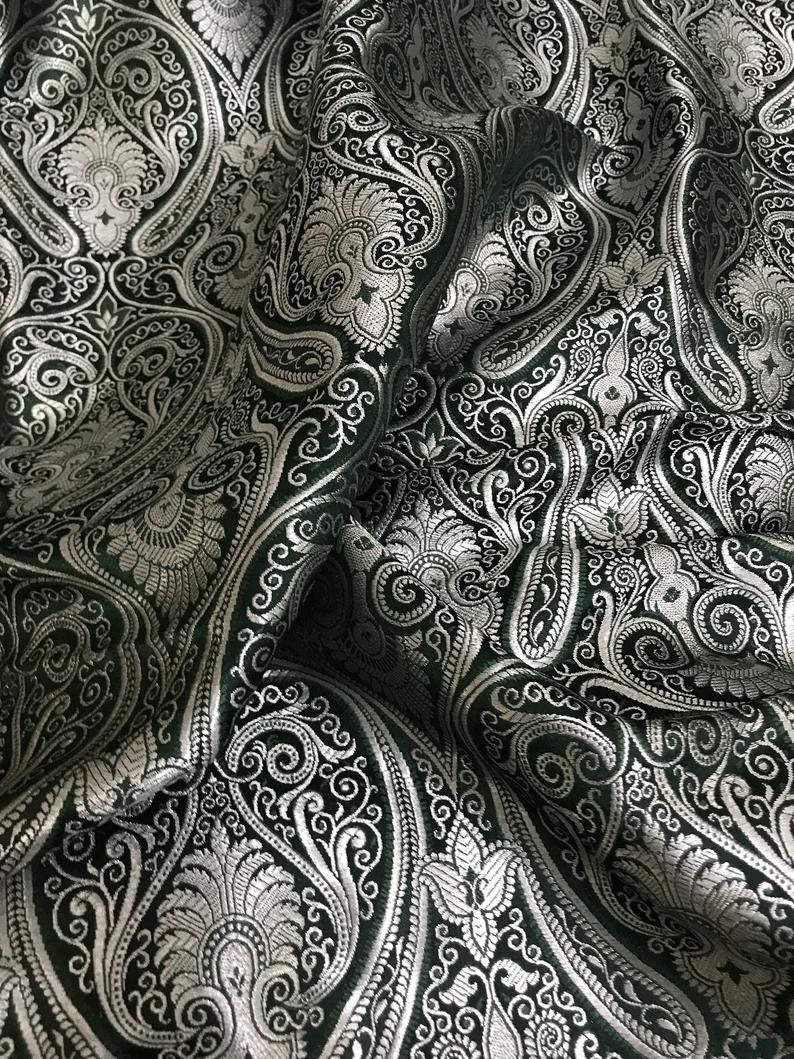 Indian Banarasi Brocade fabric in Green & Silver color, Multiple lengths will come in the continuous piece - NF132