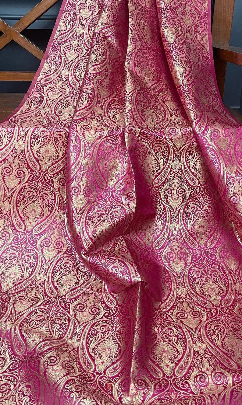 Indian Banarasi Brocade fabric in Pink and Gold color,  Multiple lengths will come in a continuous piece - NF327