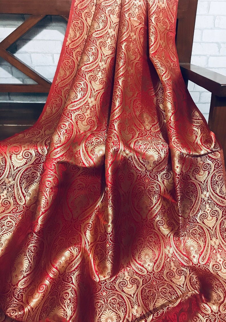 Indian Banarasi Brocade Fabric in Red and gold color, Multiple lengths will come in the continuous piece - NF319