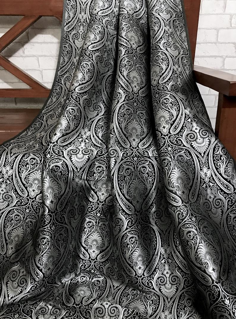 Indian Brocade Fabric Black Silver Jacquard fabric Luxury Apparel Fabric Wedding Dress fabric Craft Fabric by the yard/meter - NFAF103
