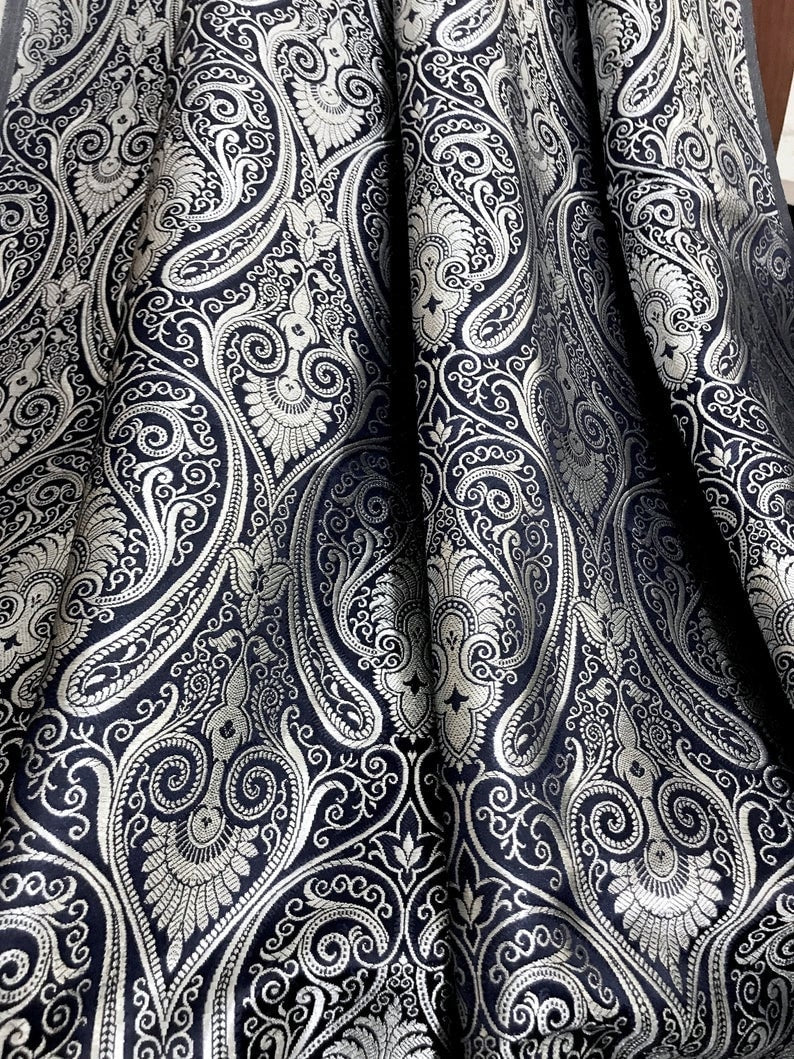 Indian Banarasi Brocade Fabric in Navy Blue and Silver color, Multiple lengths will come in the continuous Piece - NF201