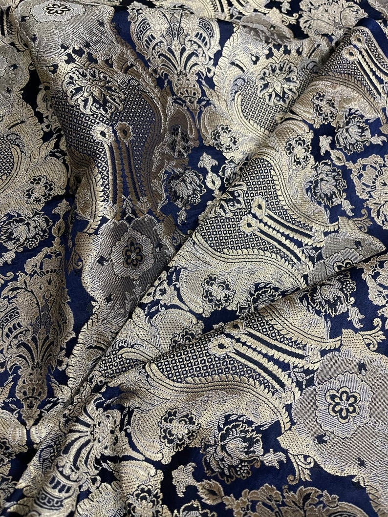 Indian Brocade fabric, Navy Blue And Gold Bridal Brocade Fabric, Wedding Indian brocade, Brocade fabric by the yard/Meter- NFAF62