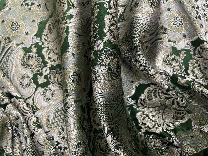 Indian Banarasi Brocade Fabric in Dark Green Silver and Gold color, Multiple lengths will come in the continuous piece - NF45