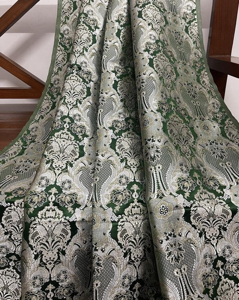 Indian Banarasi Brocade Fabric in Dark Green Silver and Gold color, Multiple lengths will come in the continuous piece - NF45