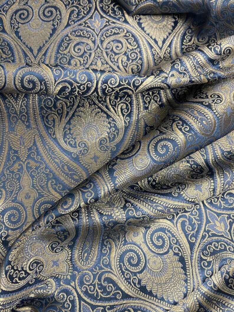 Indian Brocade Fabric, Gray and Gold Fabric, Wedding Dress Fabric, Multiple lengths will come in the continuous piece - NF180