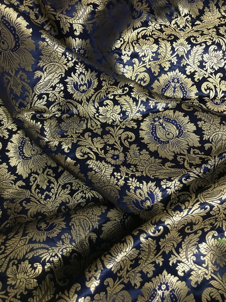 India Banarasi Brocade Fabric in Navy Blue and Gold color, Multiple lengths will come in the continuous piece - NF06