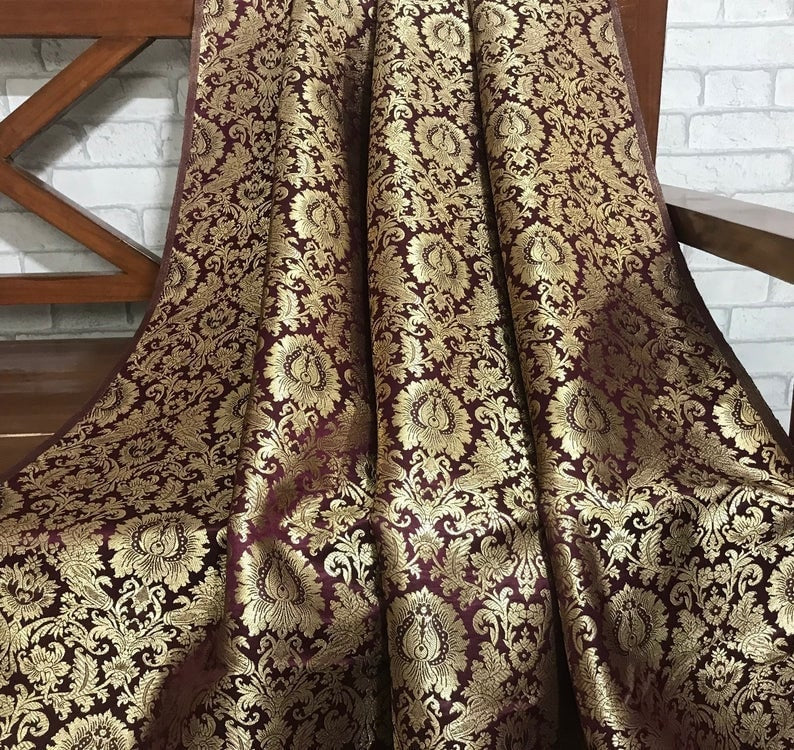 Indian Banarasi Brocade Fabric in Burgundy Maroon and gold color  , Multiple lengths will come in the continuous Piece - NF09