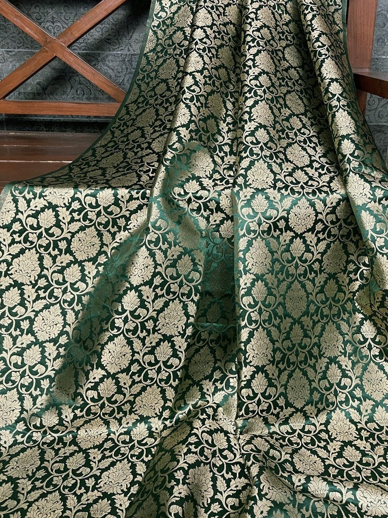 Indian Banarasi Brocade Fabric in Green and Gold color, Multiple lengths will come in a continuous piece - NF794