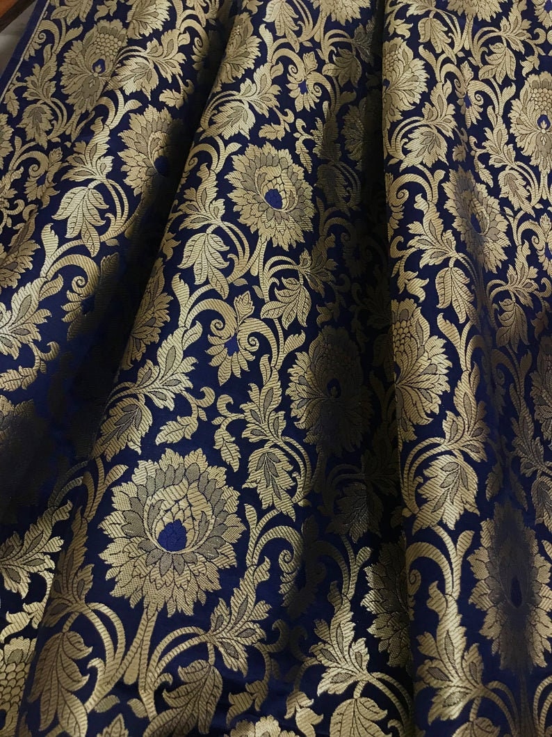 Indian Banarasi Brocade fabric in Navy Blue and Gold color, Multiple lengths will come in a continuous piece - NF112